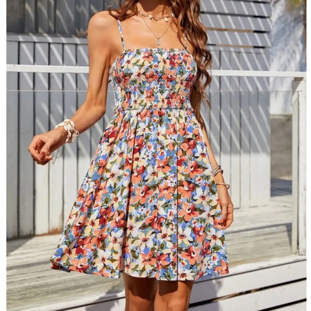 SOLD OUT Multi Color Tropical Floral Smocked Cami Tank Casual Summer Mini Dress - Picture 5 of 5
